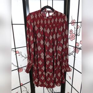 MELLODAY Red Maroon Ruffle Neckline Long Sleeve Tiered Dress Art To Wear